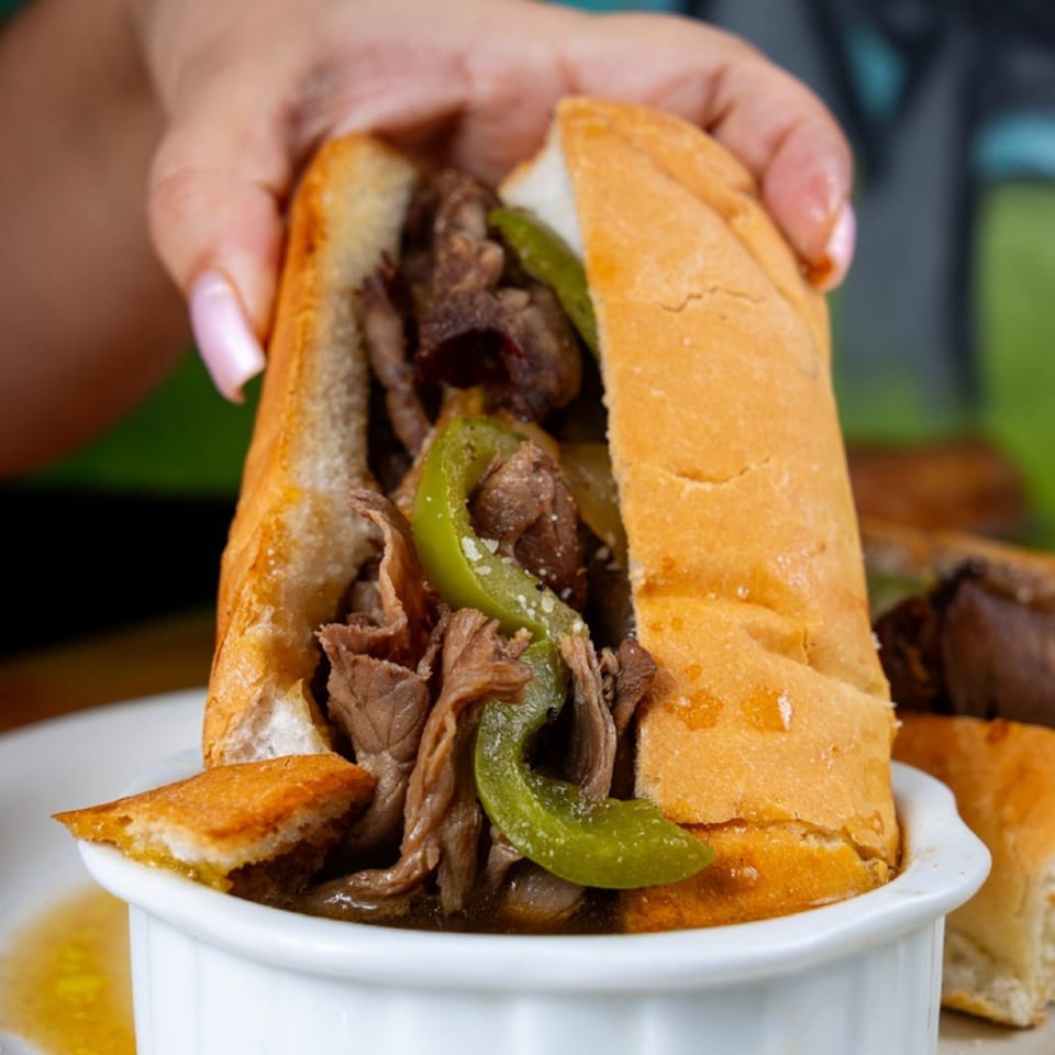 Hand holding a Mama's Pizza & Grill cheesesteak sandwich with green peppers, served with au jus.